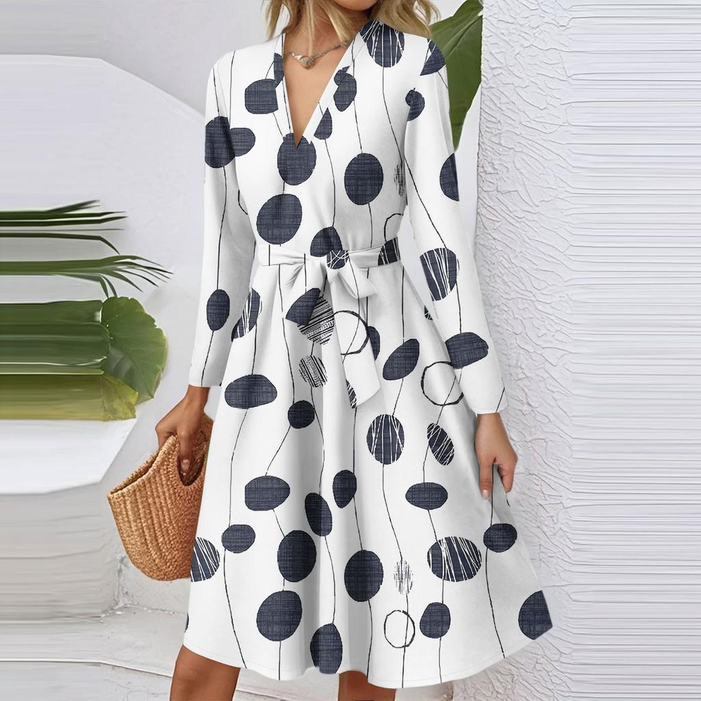 Women's Fashion Casual V-Neck Long Sleeve Waist Floral Print Midi Dress