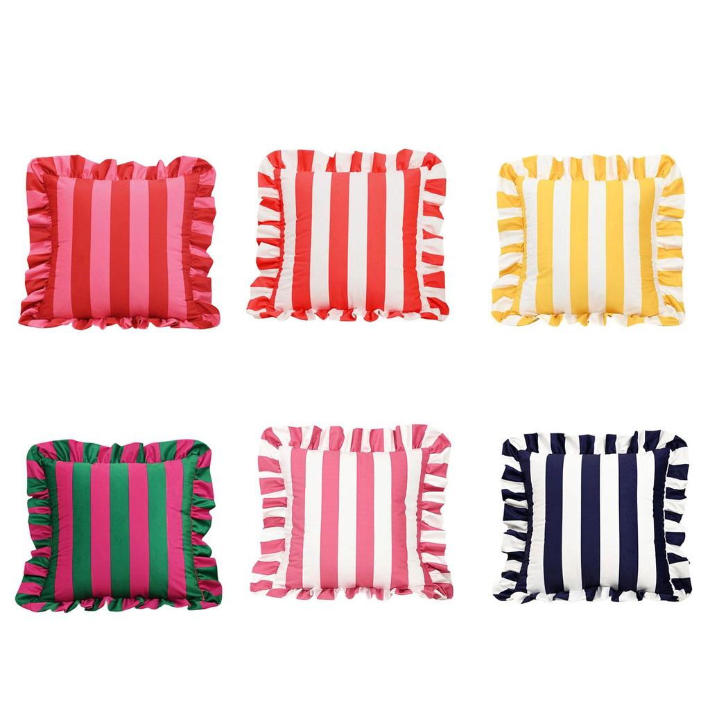 Stylish Square Pillow Cover With Ruffled Trim and Striped Pattern Design Throw Cushion Case For Sofa Bedroom Decors