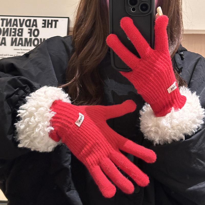 Модные трикотажные перчатки для сенсорных экранов для женщин, зимние теплые перчатки с плюшевой отделкой, ветрозащитные спортивные варежки для езды на велосипеде, плюшевые утолщенные мягкие перчатки с закрытыми пальцами