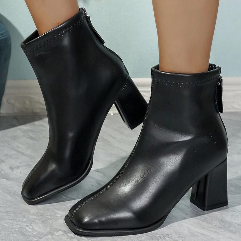 Fashion Elegant Square Toe Block Heel Ankle Boots for Women PU Leather Back Zipper Short Boots Woman Fashion High Heel Botas Mujer 2025