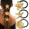 3pcs Golden Hair Ties for Thick Hair - with Ocean-Inspired Seashell, Starfish & Floral Designss, Elegant Durable Hair Accessories for Women