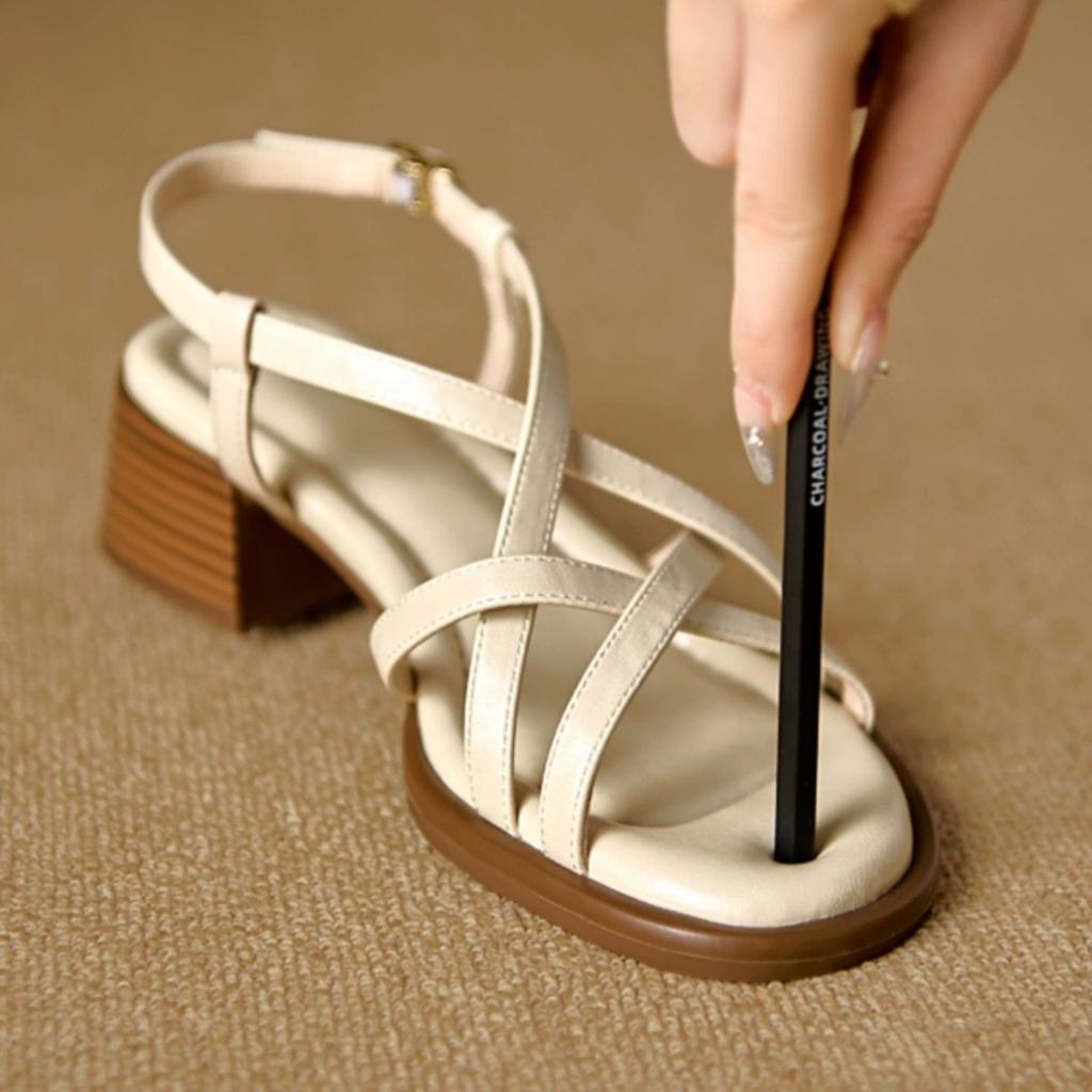 Винтажные римские сандалии женские средний каблук тонкий ремешок ощущение наступания на дерьмо летние новые британский стиль крест-накрест ремешок толстый каблук уличные сандалии женские