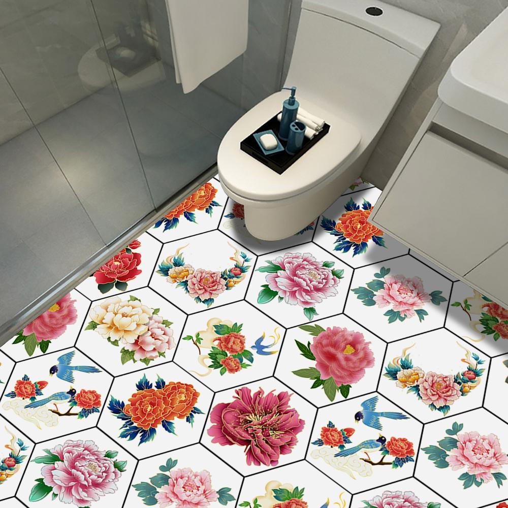 10 шт. цветы пиона шестиугольная плитка напольная наклейка на стену кухня ванная комната спальня домашний декор пилинг и; Водонепроницаемые художественные наклейки на стены