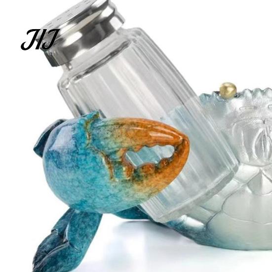 Island Inspired Dining Table Centerpiece Sea Turtle Salt Pepper Shaker Set with Holder, Resin Figurine Glass Condiment Dispenser Metal Lids