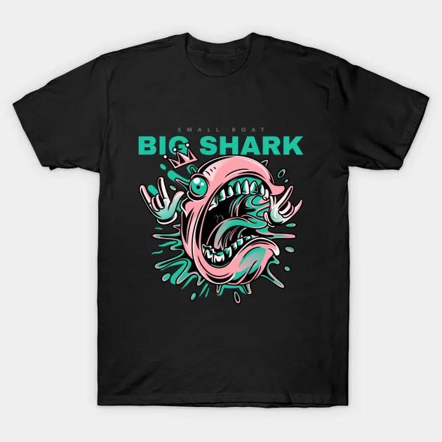 Small Boat Big Shark. Funny Monster Hip-hop Rock T Shirt. 100% Cotton Short Sleeve O-Neck T-shi