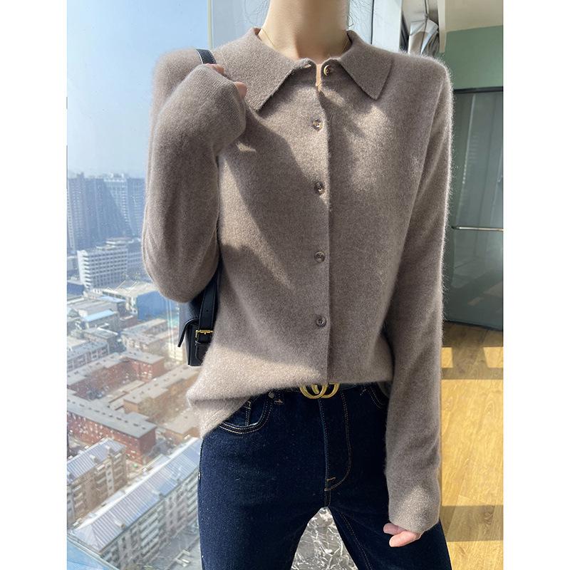 Pure Wool Women's Polo Collar Knit Cardigan – Autumn/Winter, Solid Color, Skin-Friendly, Single-Breasted Outerwear.