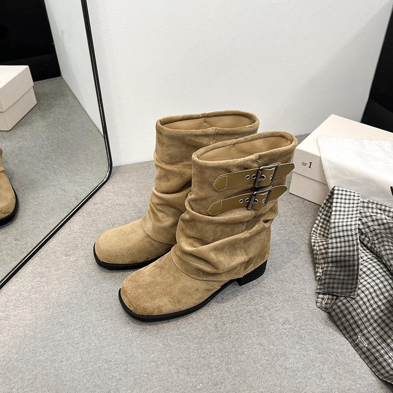 2025 новые плиссированные ботфорты на толстом каблуке с пряжкой-ремнем, с широким голенищем, женские ботинки, летние популярные суперхит ботинки-трубы