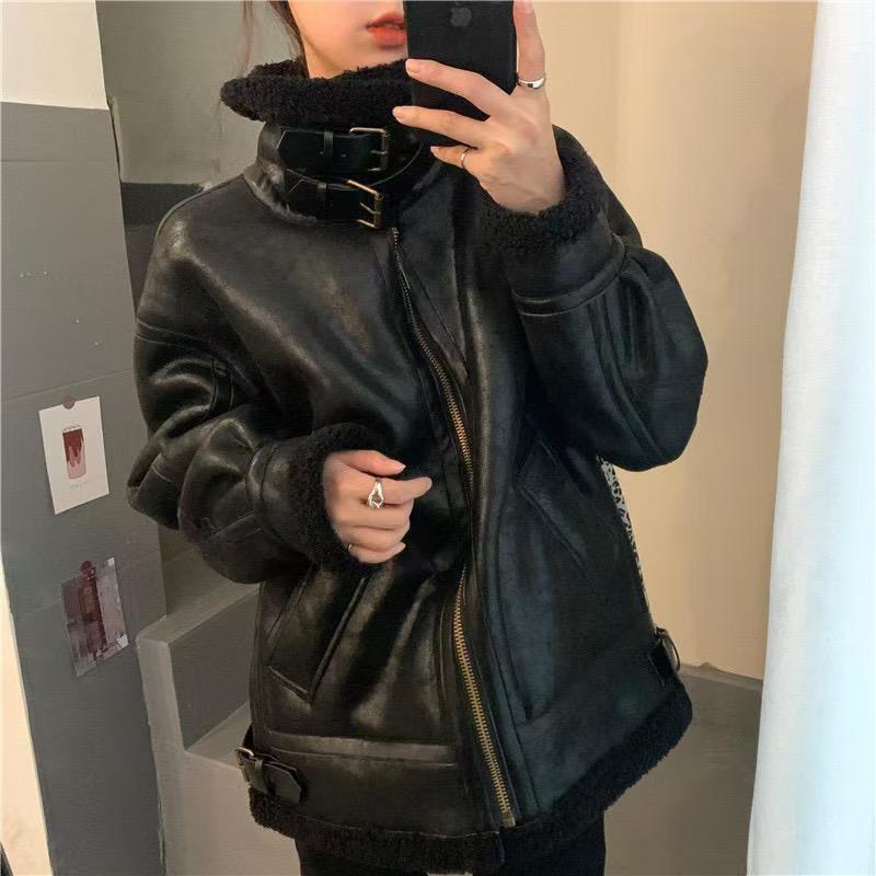 Pelz integrierter Kunstpelzmantel Damen Winter Neu Samt Verdickt Wildleder Lammwolle Mantel Locker Lokomotive Kleidung