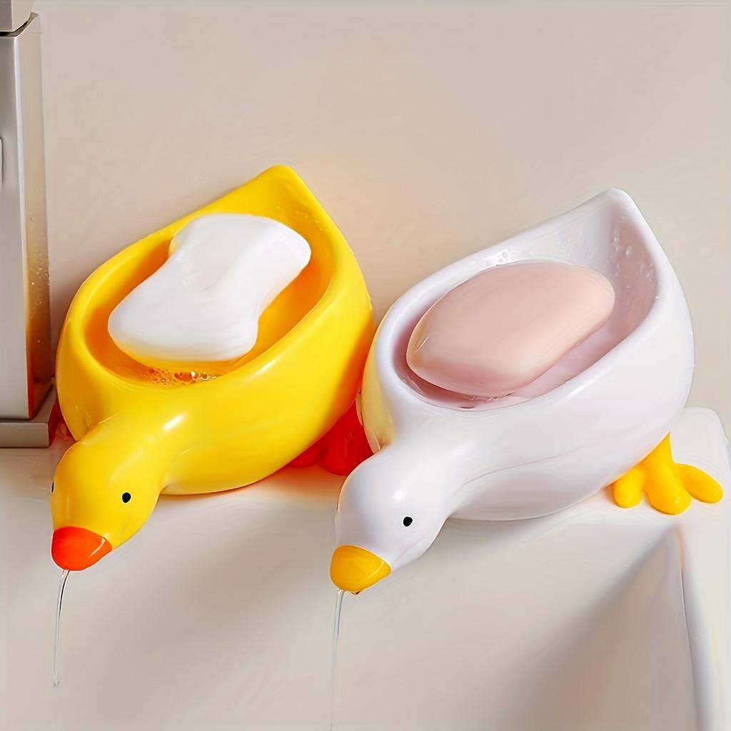 Charming Duck-Shaped Soap Dish - Self-Draining Oval Tray, White with Yellow Accents, Multifunctional Bathroom Accessory for Dry, Clean Soap