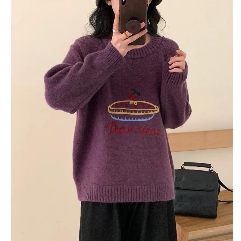 Милый вышитый свитер-пуловер женский осенне-зимний карамельный цвет круглый вырез свободный вязаный свитер топ в стиле колледжа