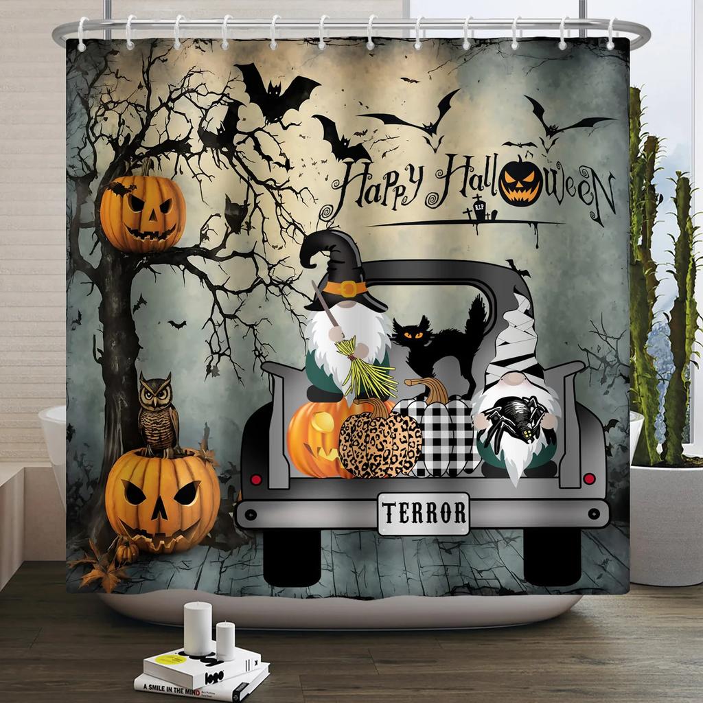 Хэллоуин Занавеска для душа Ужас Лунная ночь Тыква Череп Скелет Страшный Замок Ведьма Призрак Кладбище Водонепроницаемые Занавески для ванной