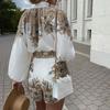 1 комплект, женский комплект с рубашкой и шортами, винтажный узор, водолазка с принтом, двухсекционный однобортный топ с длинными рукавами и карманами, офисные шорты