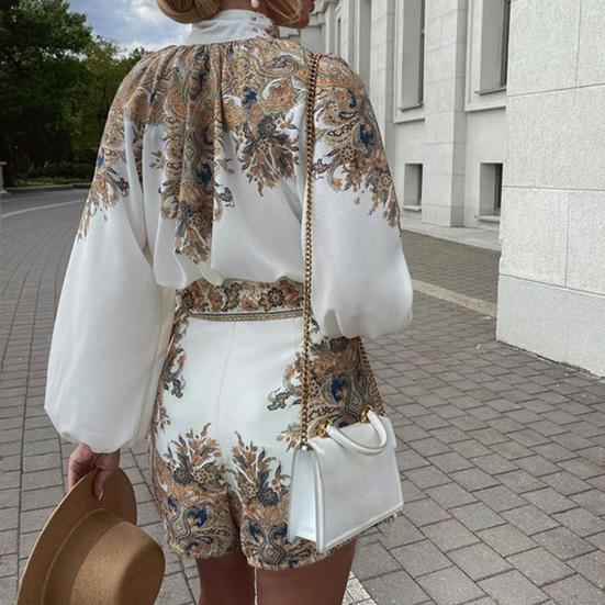 1 комплект, женский комплект с рубашкой и шортами, винтажный узор, водолазка с принтом, двухсекционный однобортный топ с длинными рукавами и карманами, офисные шорты