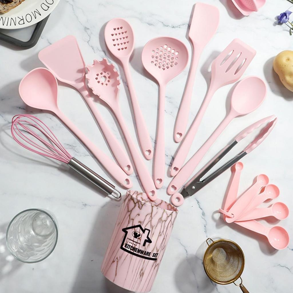 18pcs Silicone Kitchen Utensils Set with Holder Measuring Spoons Oven Mitts Nonstick Cooking Utensils Kitchen Gadgets