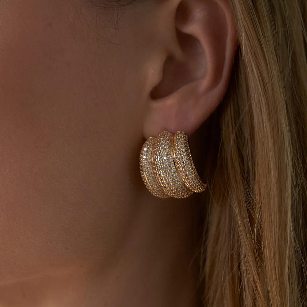 Designer Triple Ridge Medium Stud Earrings 18K Gold Plated Luxury Aesthetics Shiny Zircon Statement Earring Party Jewelry Gift