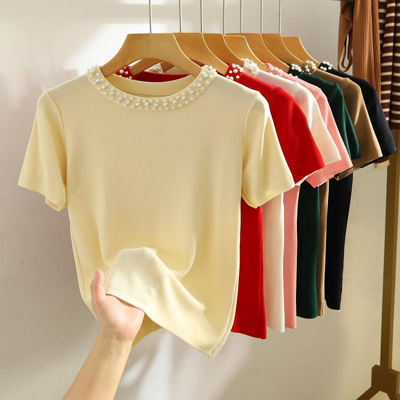 Women's Summer Design Knit T-Shirt Solid Color Short Sleeve Simple Top