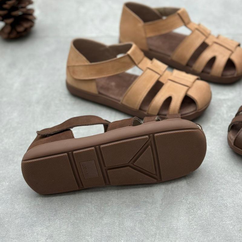 Johnature Сандалии на плоской подошве из натуральной кожи. Однотонная женская обувь ручной работы из тканой воловьей кожи в стиле ретро на мягкой подошве.