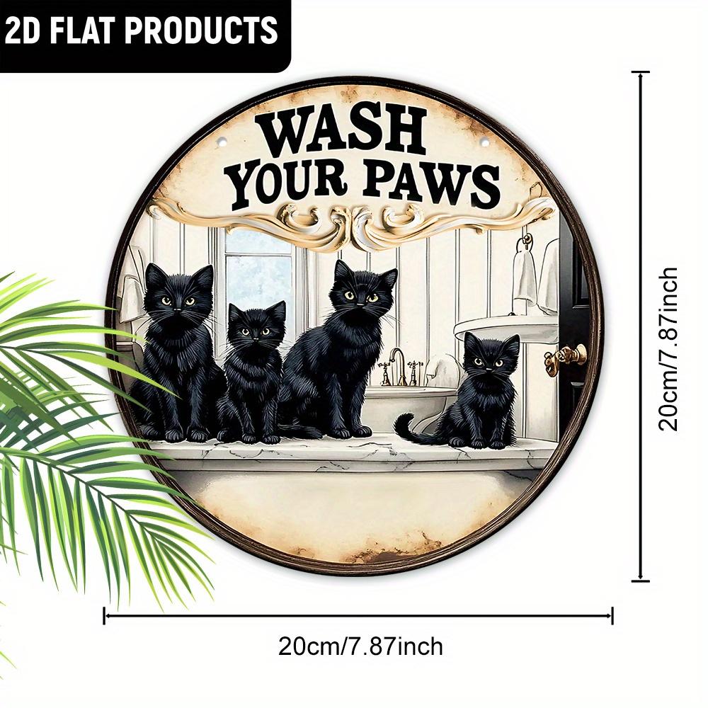 JIT [2D Flat] 1pc Funny Black Cats 'Wash Your Paws' Bathroom Sign, 7.87x7.87 Inches Round Wooden Decorative Plaque & Statues, Frameless Creative