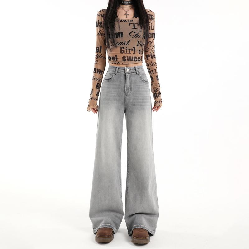 American Spice Girl micro-pull jeans women's autumn and winter new high-waisted straight loose and thin wide-leg flared pants