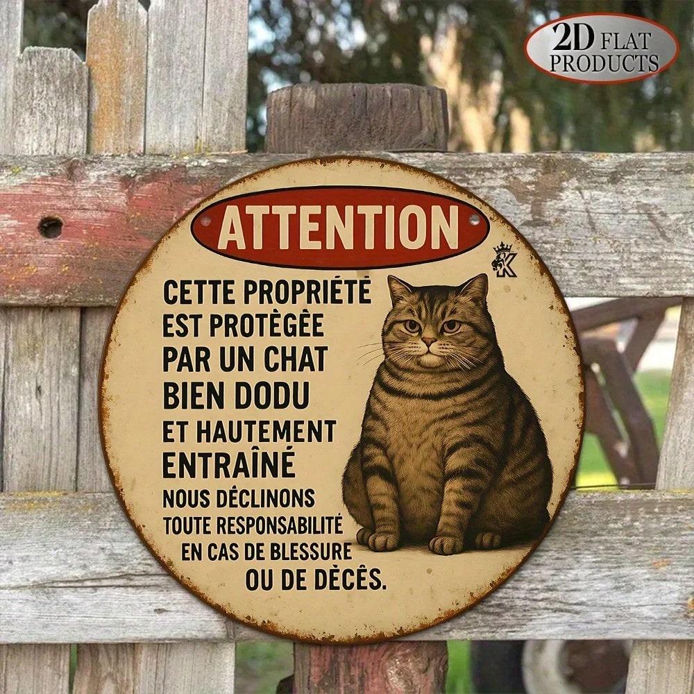 D Flat High Definition Metal Wall Art Vintage Funny French Warning Sign Protected by Fat Cat Metal Sign Round Wall Plaque Rus