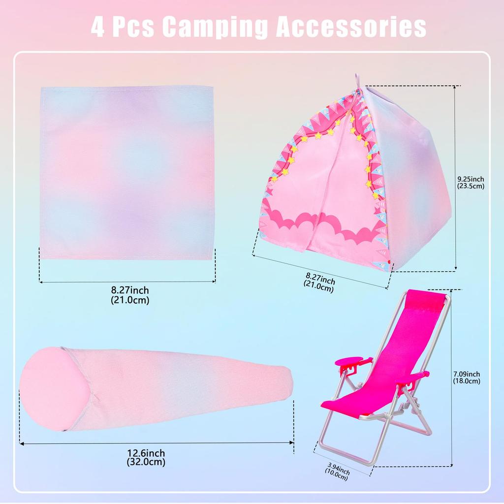 Doll Camping Set for 30cm Dolls Includes 2 Food Daily Necessities Sleeping Tent Dog and 2 Pairs of Shoes - Outfits, 14-Piece Set, 8-Piece Set, Mirror,