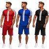 Mens Summer Leisure Stripe Color Collision Short Sleeve Shorts Sports Thin Sets