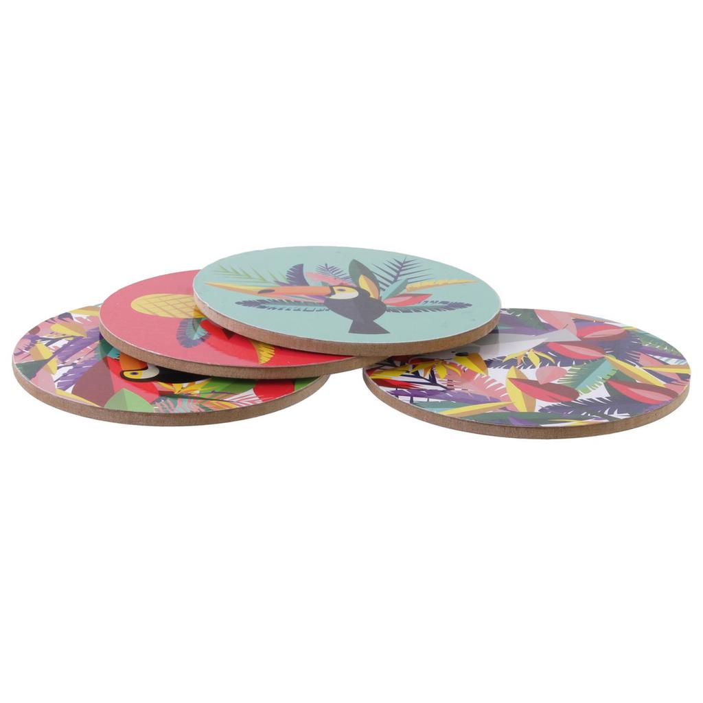 Les Trésors De Lily [Q3251] - 4 Multi-colored 'Tropical' Coasters (wood/cork) - 10 Cm