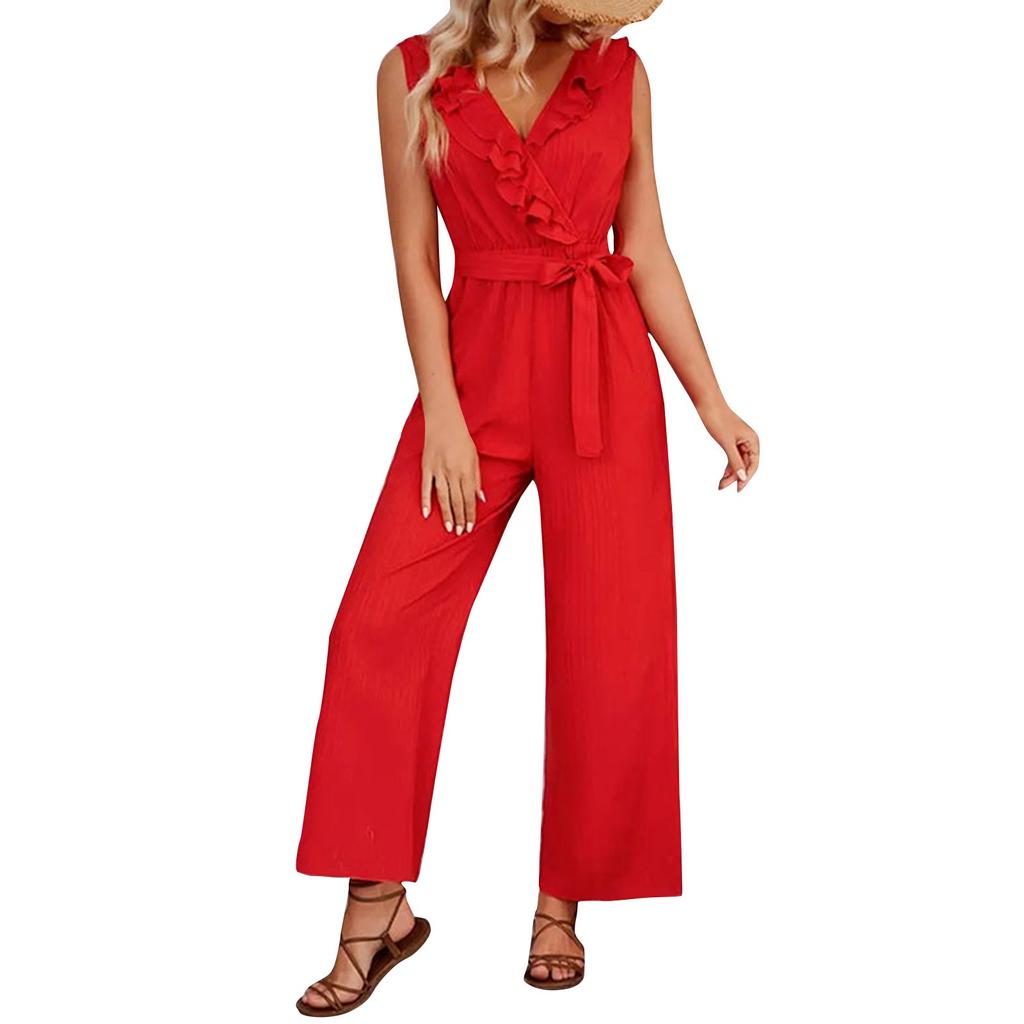 Summer Women's Ruffled Sleeveless V-neck Belt Wide Leg Straight Casual Pants Women's Jumpsuit