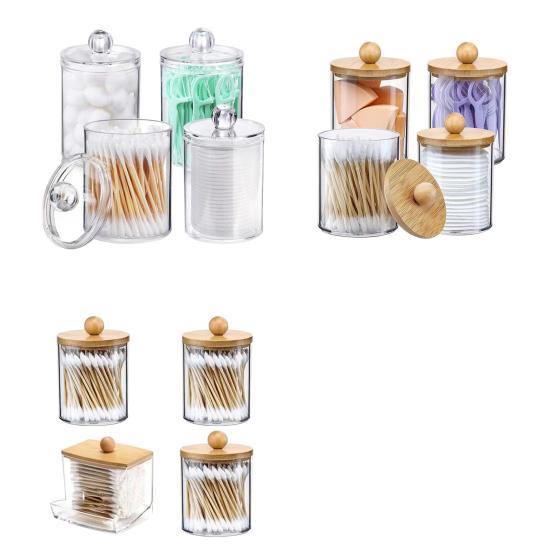 4 шт./набор, коробка для хранения ватных дисков с бамбуковой/пластиковой крышкой, круглая, прямоугольная, ватные палочки, ватные палочки, губка для макияжа, контейнер, держатель, диспенсер, органайзер