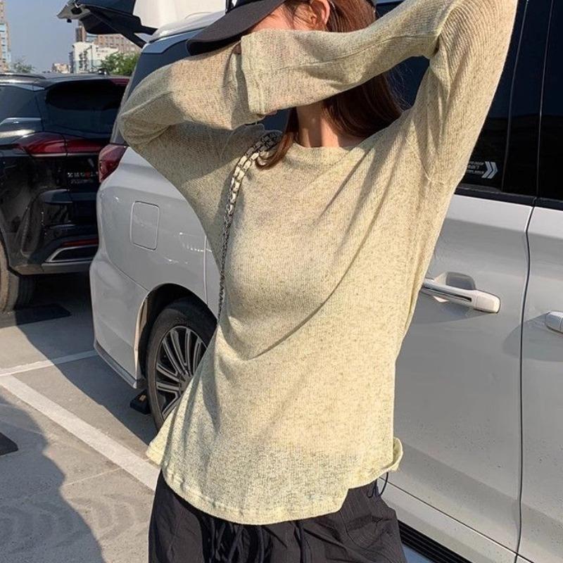 Тонкий свободный солнцезащитный чехол для кондиционера Lazy Niche на весну и осень, утягивающая футболка с круглым вырезом, трикотажный топ с длинными рукавами