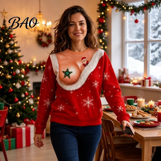 Long Sleeve Top Christmas Sweatshirt with Exposed Breast Print, Crewneck Pullover for Holiday Costume Women, Fake Low Cut Boob Pattern Xmas