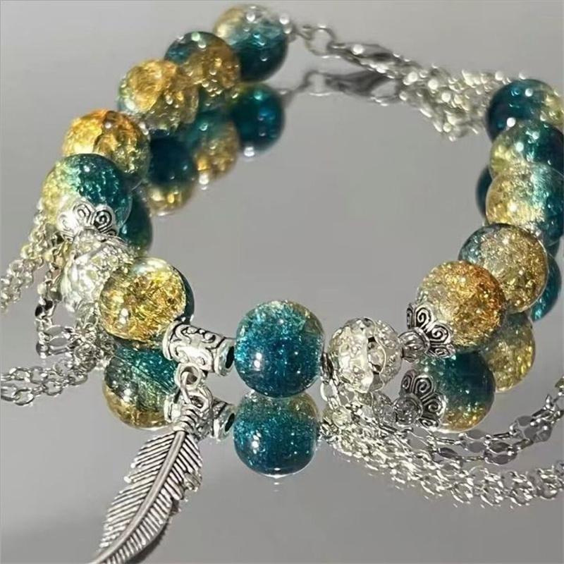 Niche Design Starfish Chain Tassel Bracelet for Women Fantasy Gradient Blue Crystal Beads Elastic Rope Bracelet Student Jewelry