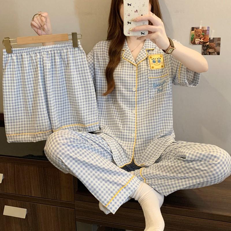 Womens Cloud Cotton Pajama Set Short Sleeve Bow Loose Loungewear 3pcs