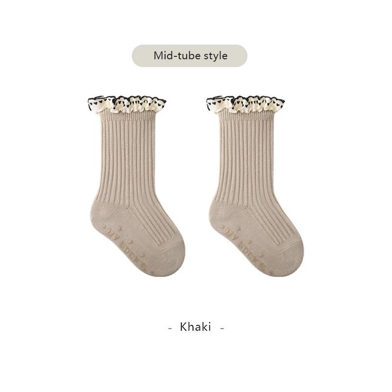 Осенние детские носки средней длины, детские кружевные носки принцессы, винтажные однотонные детские носки для девочек, длинные носки-трубы