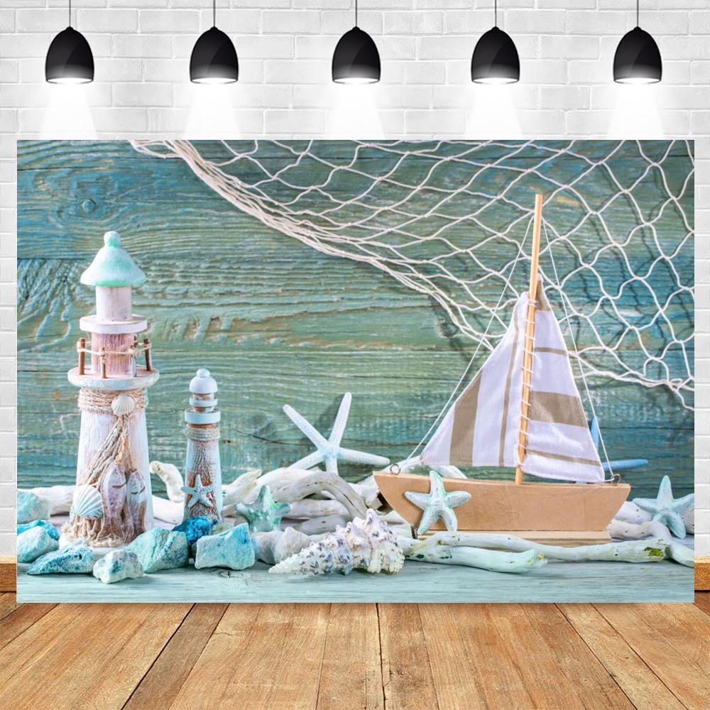 Nautical theme baby party background for photography, sailboat, boat, starfish, wooden board, sailor portrait, Photo background