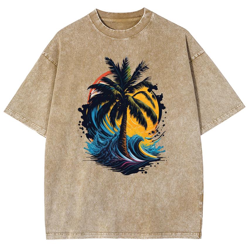 Coconut Tree Landscape Print Women's T-Shirt Washed Denim Oversized Loose Half Sleeve Unisex Couple Quality Top