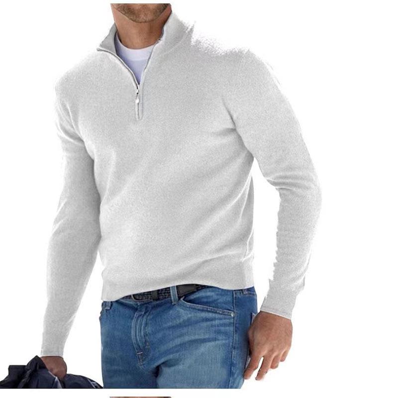 Men's Autumn Long Sleeve V-Neck Wool Polo Shirt with Plush Zipper