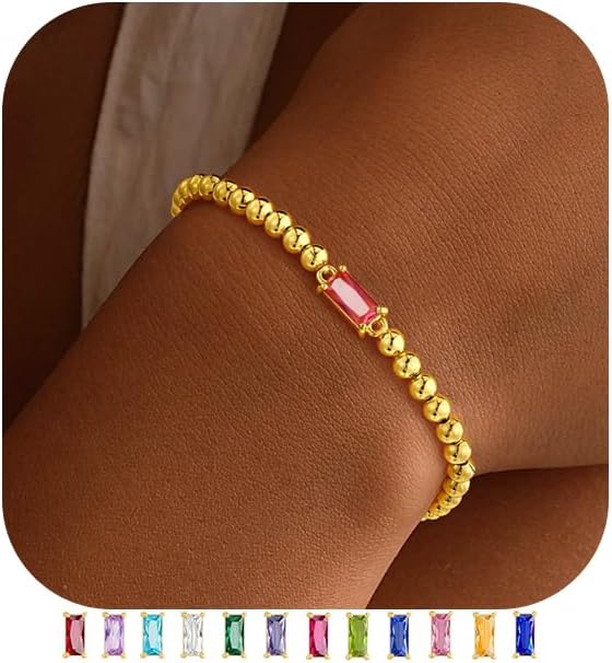 Dainty Birthstone Bracelet - Elastic 18K Gold Plated Stainless Steel Bead Bracelets Friendship Birthday Jewelry Gifts for Women