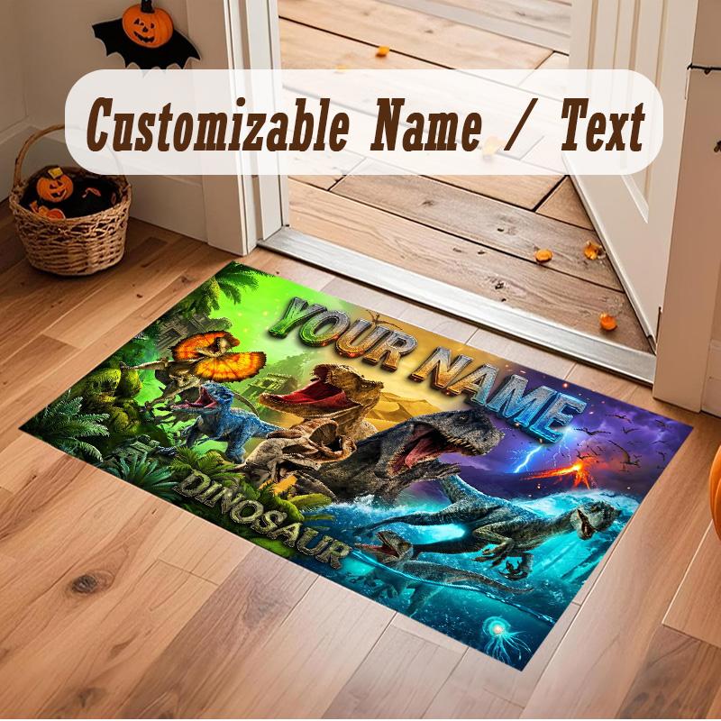 Dinosaur Theme Soft Crystal Velvet Rug Custom Name & Text Print Non Slip Floor Rug for Bedroom Living Room