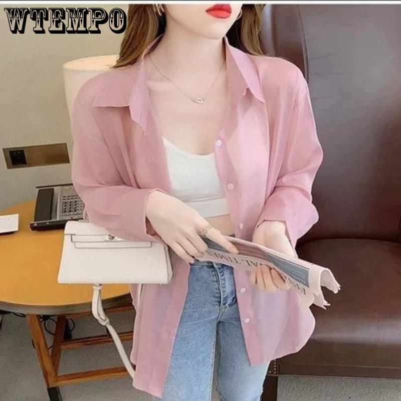 WTEMPO Summer Women's Sunscreen Cardigan Thin Jacket Chiffon Tops Korean Temperament Loose Long-sleeved