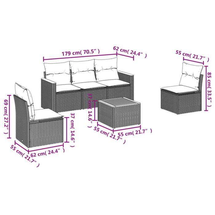 VidaXL Salon de Jardin avec Coussins 6 pcs, Canapés de Terrasse, Ensemble de Meubles de Patio, Mobilier d'Extérieur, Noir 3225852