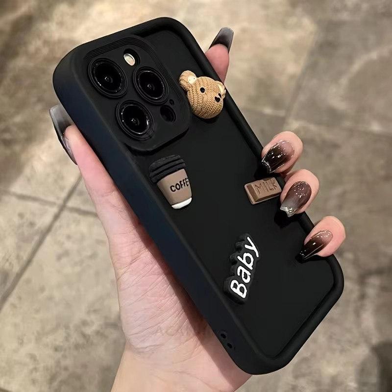 Милый 3D-мишка, пьющий кофе, чехол для телефона для iPhone 16 15 14 Pro Max, мягкий матовый силиконовый чехол, противоударный для iPhone 13 12 11 Pro Plus X XR XS