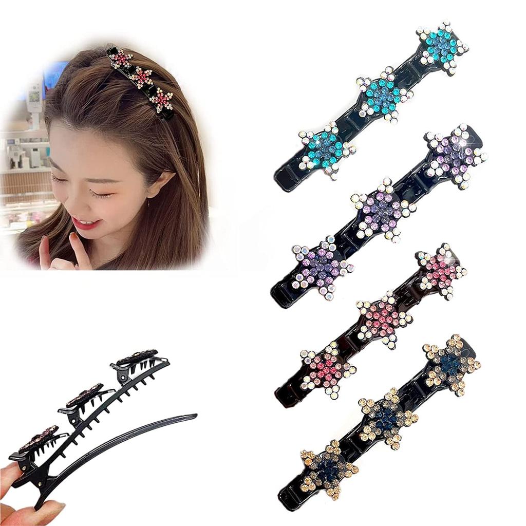 4pcs Sparkling Crystal Stone Braided Hair Clips Women Satin Fabric Hair Clips,Rsvelte Braided Hair Clip with 3 Small Clips, Multi Clip Hair Barrette