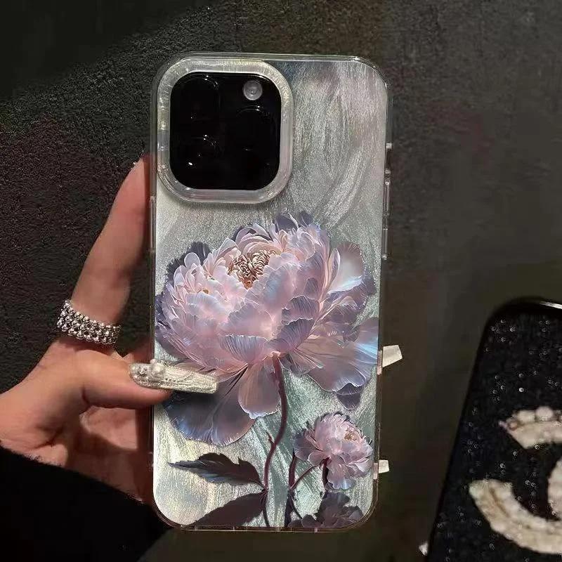 Чехол для телефона с принтом пионов и лотосов для IPhone 16 15 14 13 12 11 Pro Max 15 Pro XS XR 7 8 Plus 16e Ударопрочный Посеребренный Чехол