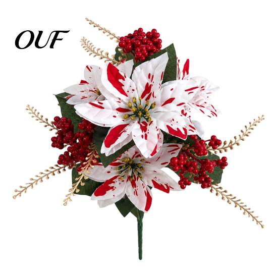 Realistic Faux Dieffenbachia 5/7/10/12 Heads Artificial Poinsettia Flowers, Christmas Fake Floral Berry Centerpiece, Long Lasting Green Leaves