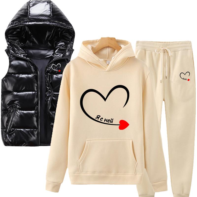 Горячая весна и осень, однотонная толстовка с принтом, комплект из 3 предметов: толстовка для пары + жилет + брюки, спортивная одежда