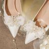 White Satin Stiletto Heels with Rhinestone Bow for Weddings and Banquets