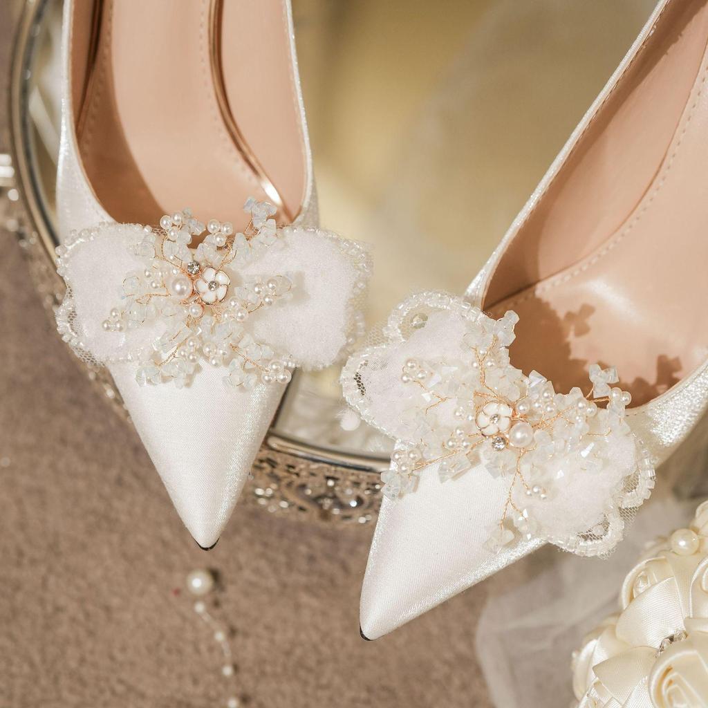 White Satin Stiletto Heels with Rhinestone Bow for Weddings and Banquets