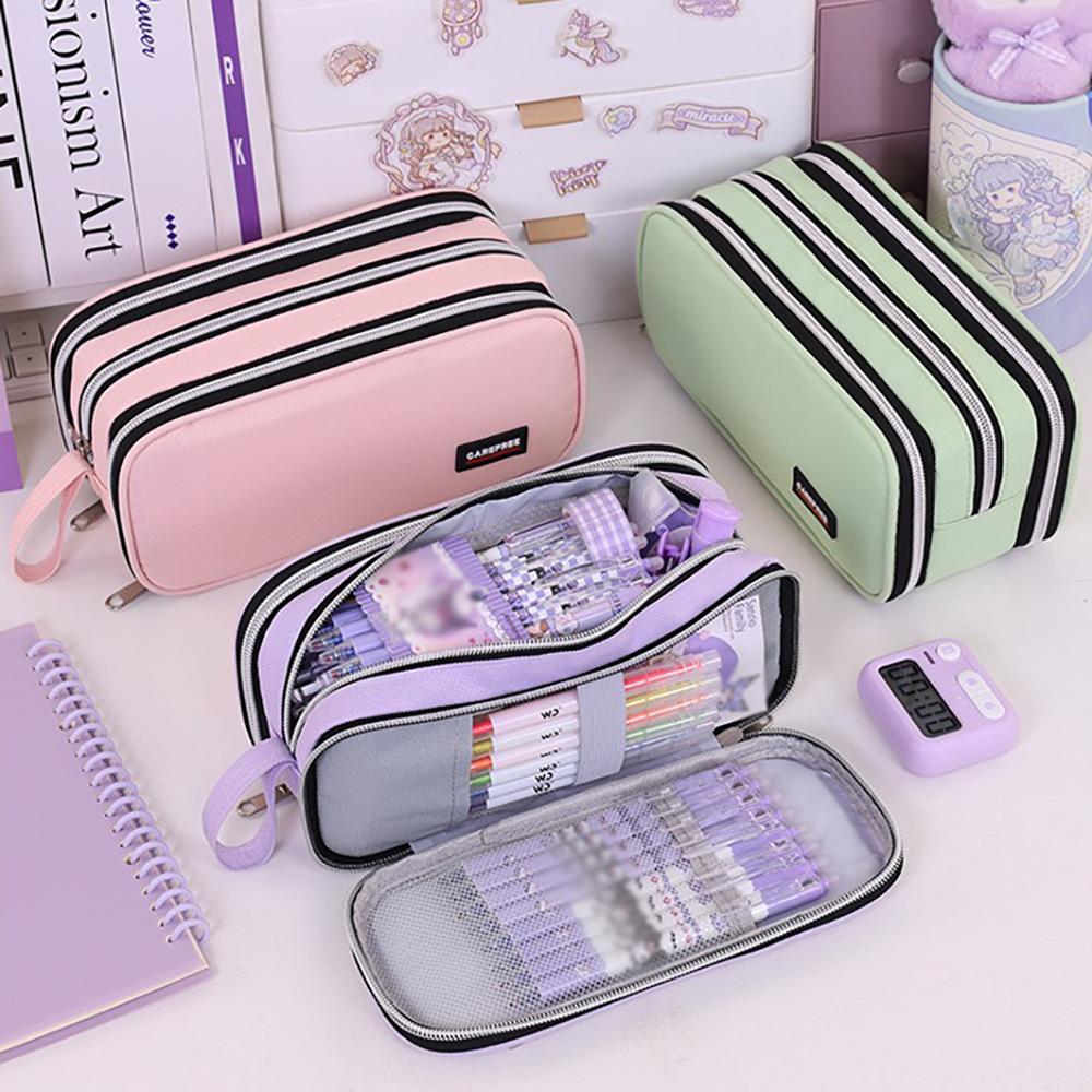 Large capacity pencil case with three-layer zipper, student stationery bag, simple and multifunctional pencil case