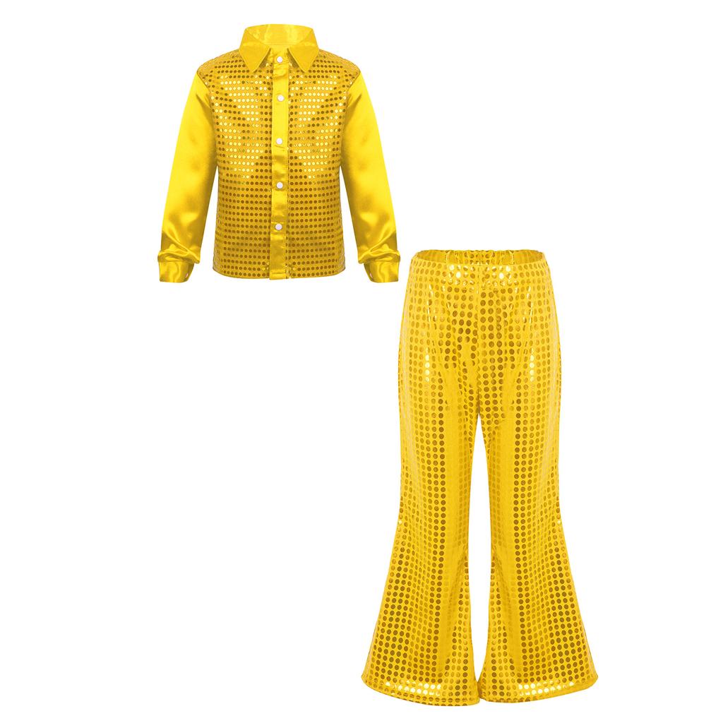 Boys Sequined Long Sleeve Spread Collar Shirt Elastic Waistband Flared Pants Jazz Outfit